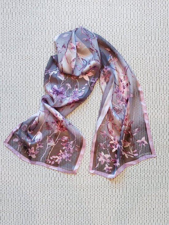 Anne Klein Accessories - 100% Silk Scarf Pink Brown Gray Floral Oblong 11x52 Lightweight by Anne Klein.